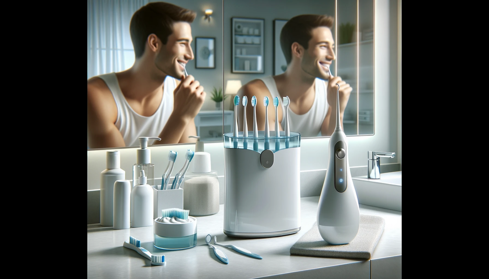DALL·E 2024-02-27 17.20.01 - A realistic image illustrating dental hygiene and the use of water flossers. The scene is set in a modern, well-lit bathroom with reflective mirrors a